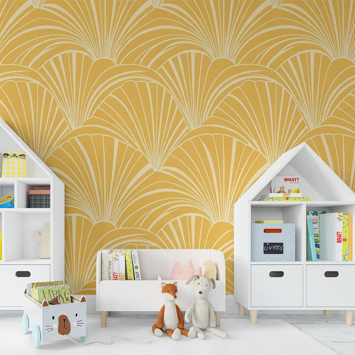 Papier peint chambre bébé | Motifs de vagues dorées sur fond jaune
