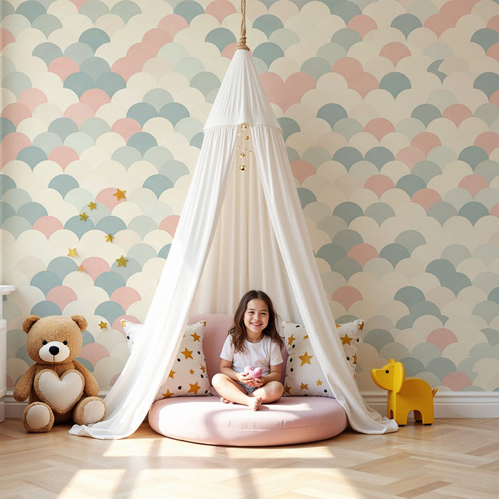 Babykamer behang | Pastelgolfmotief in roze en blauw