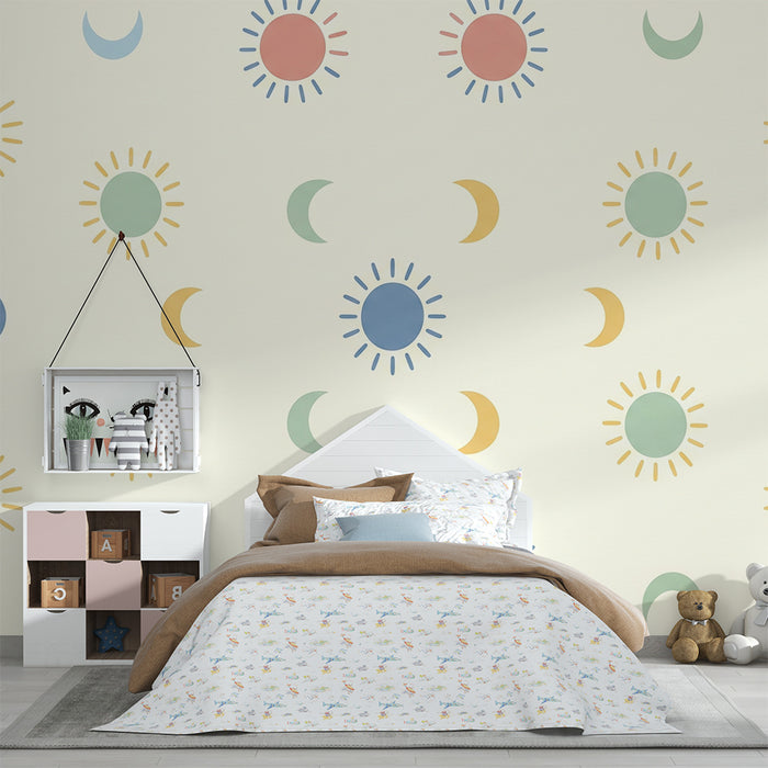 Papel de parede quarto bebê | Motivos solares e lunares em cores suaves