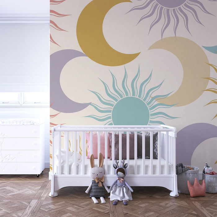 Papier de parede za bebe | Sunčani i mjesečevi uzorci u nježnim nijansama