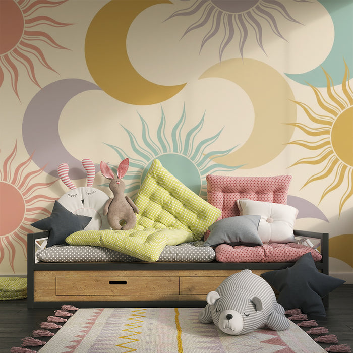 Papier de parede za bebe | Sunčani i mjesečevi uzorci u nježnim nijansama