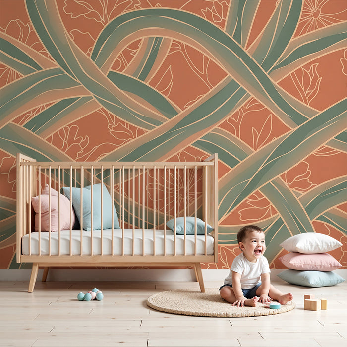 Papier peint chambre bébé | Motifs entrelacés avec fleurs délicates sur fond terracotta