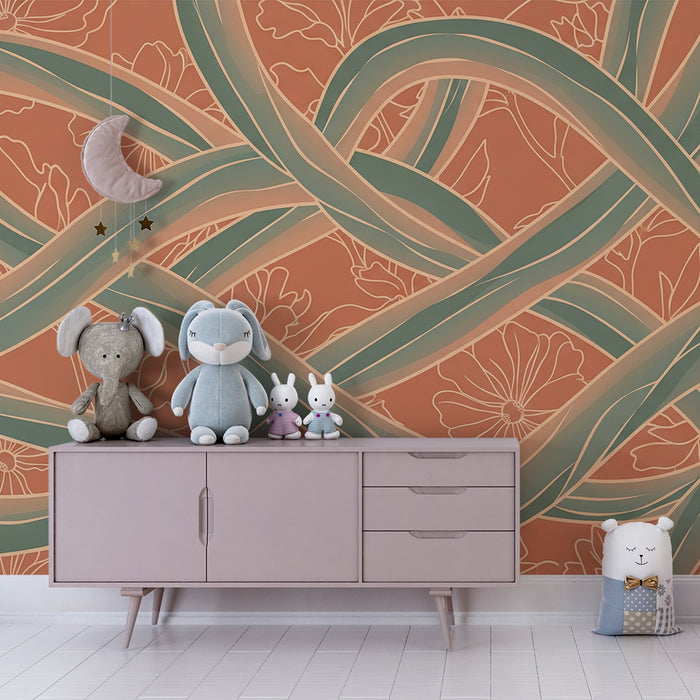 Papier peint chambre bébé | Motifs entrelacés avec fleurs délicates sur fond terracotta