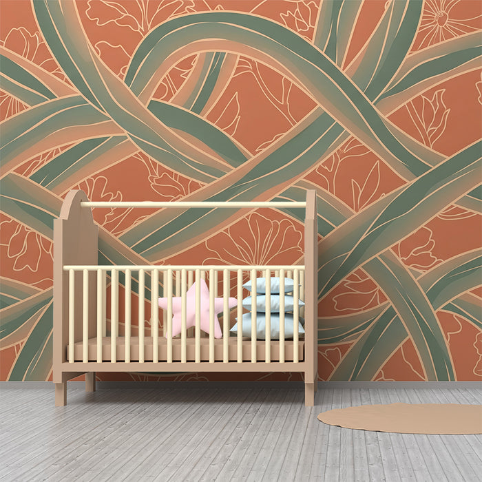 Papier peint chambre bébé | Motifs entrelacés avec fleurs délicates sur fond terracotta