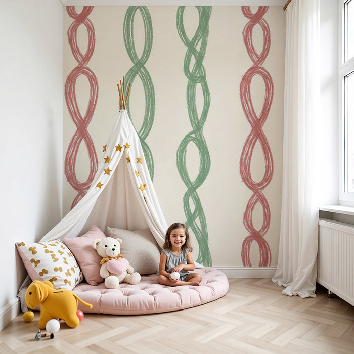 Papel de parede para quarto de bebé | Padrões entrelaçados em rosa e verde sobre fundo claro
