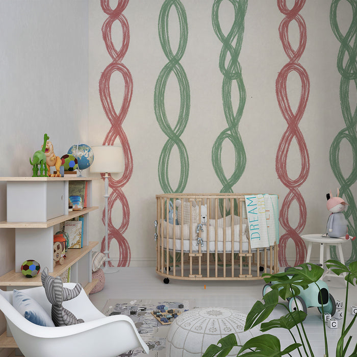 Papel de parede para quarto de bebé | Padrões entrelaçados em rosa e verde sobre fundo claro