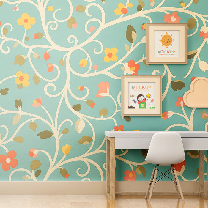 Carta da parati per camerette | Motivi floreali colorati su sfondo turchese