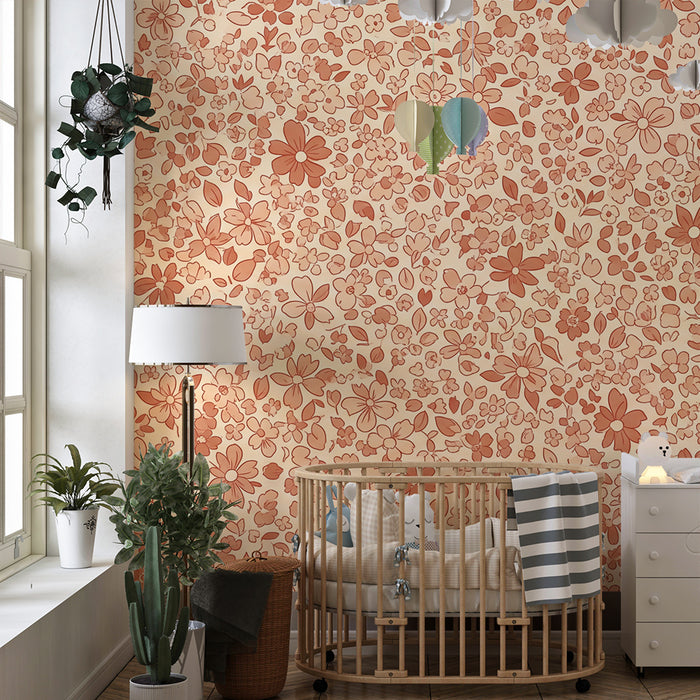 Nursery room wallpaper | Floral patterns in terracotta tones