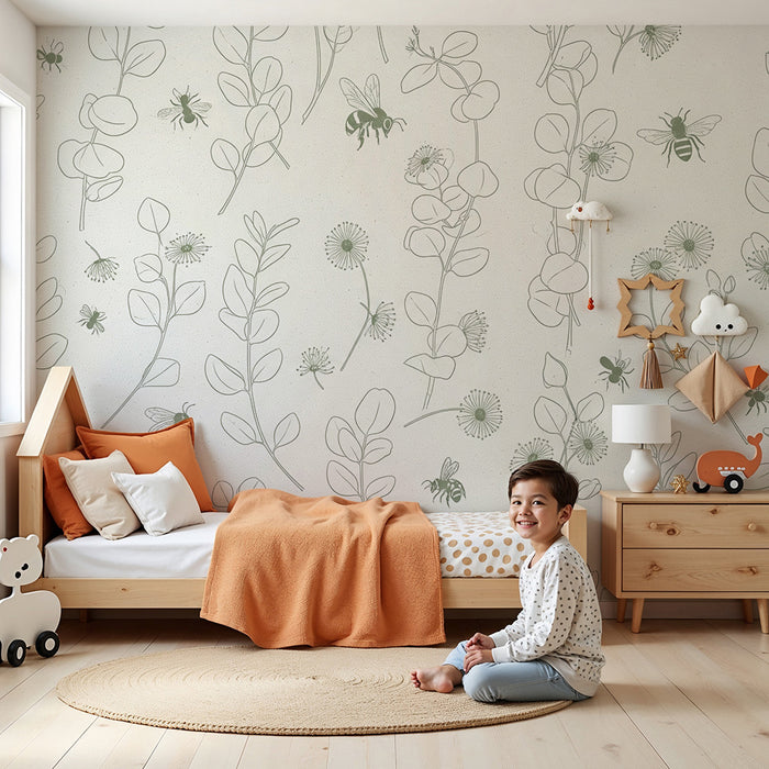 Baby nursery wallpaper | Delicate floral patterns with bees and subtle foliage