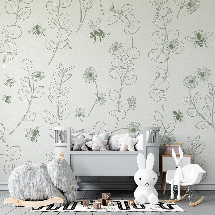 Baby nursery wallpaper | Delicate floral patterns with bees and subtle foliage