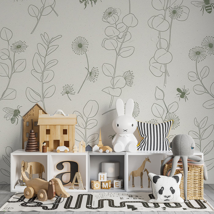Baby nursery wallpaper | Delicate floral patterns with bees and subtle foliage