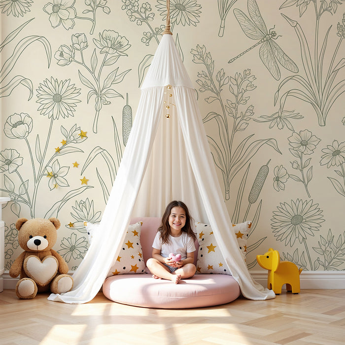 Papel de parede para quarto de bebé | Motivos florais delicados com libélulas e folhagem
