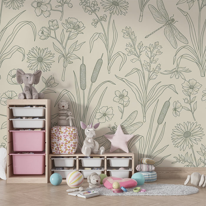 Papel de parede para quarto de bebé | Motivos florais delicados com libélulas e folhagem
