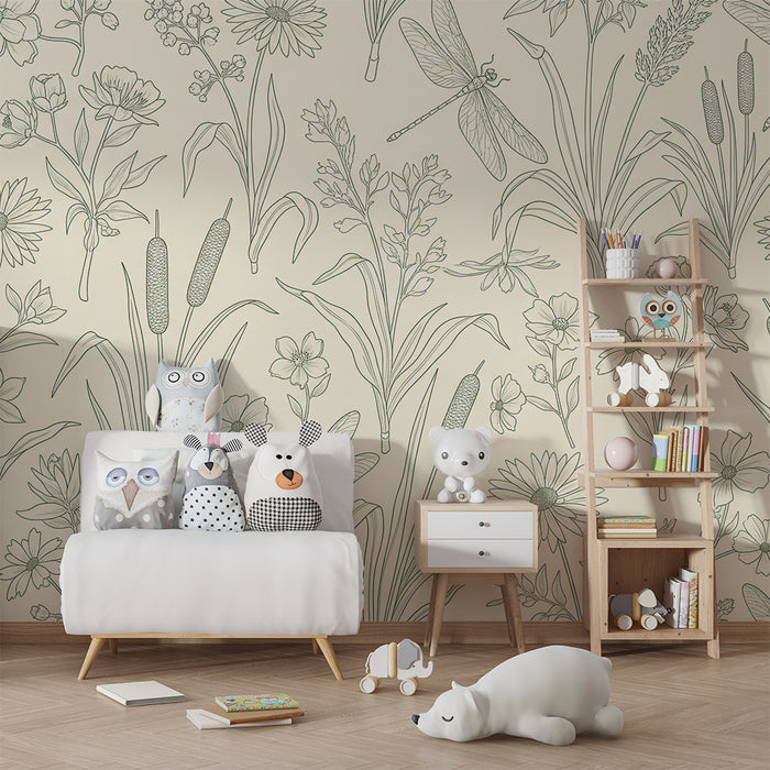 Papel de parede para quarto de bebé | Motivos florais delicados com libélulas e folhagem