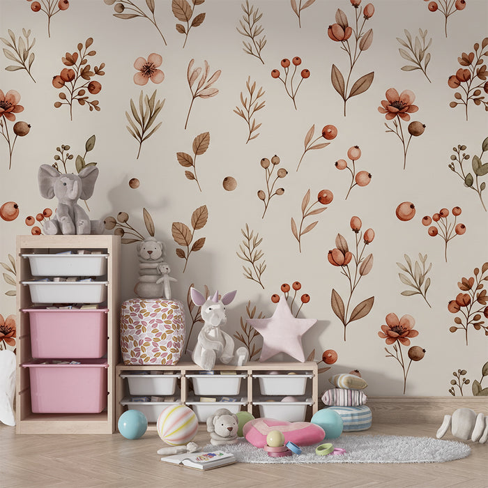 Børneværelse tapet | Delikate blomstermotiver i bløde toner