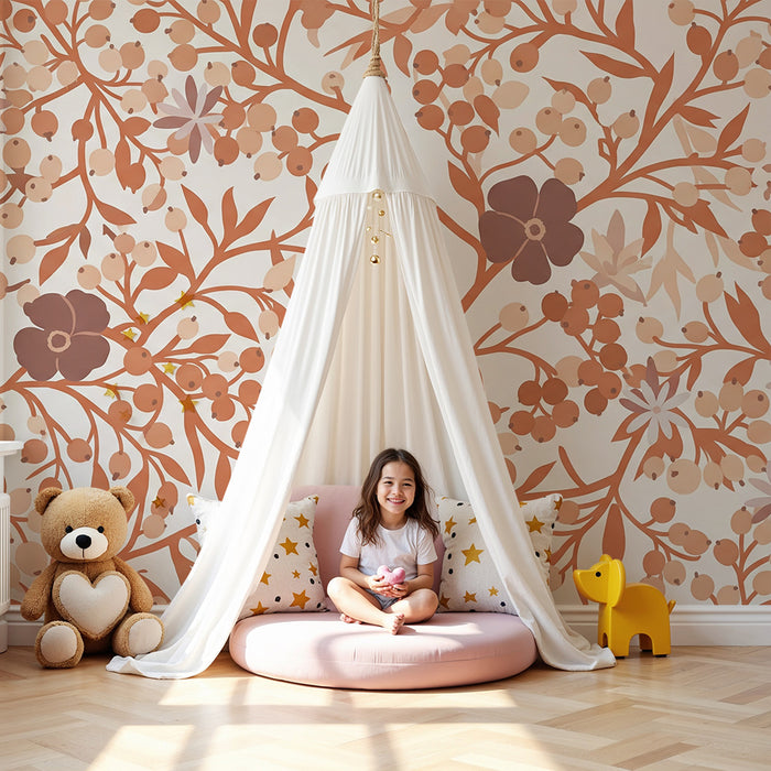 Barntapet | Delikata blommönster i terrakottafärger