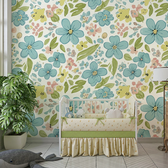 Barnrumspapper | Delikata blomstermönster i blått och pastell