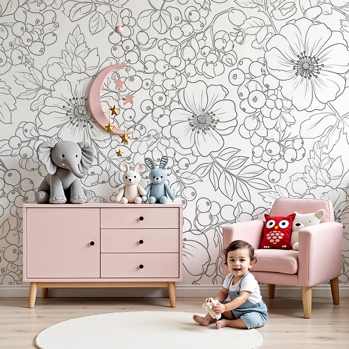 Tapet za bebe sobu | Delikatni cvjetni uzorci u crno-bijeloj boji