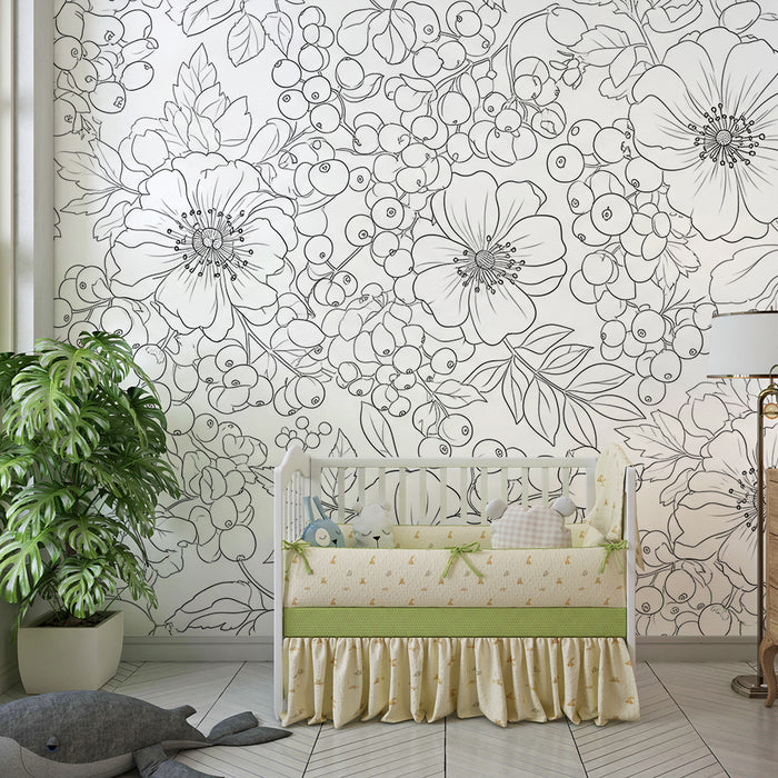 Tapet za bebe sobu | Delikatni cvjetni uzorci u crno-bijeloj boji
