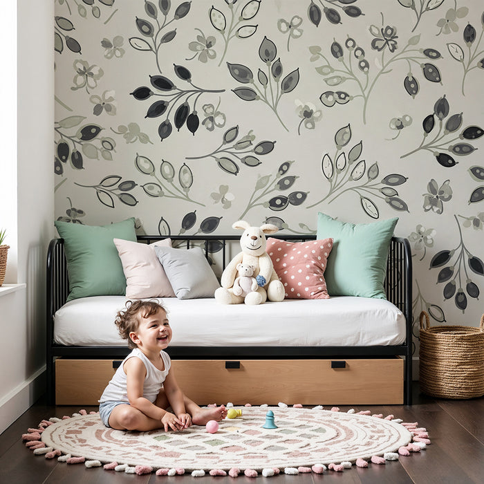 Babyroms tapet | Fine blomstermotiver i grønne og grå nyanser