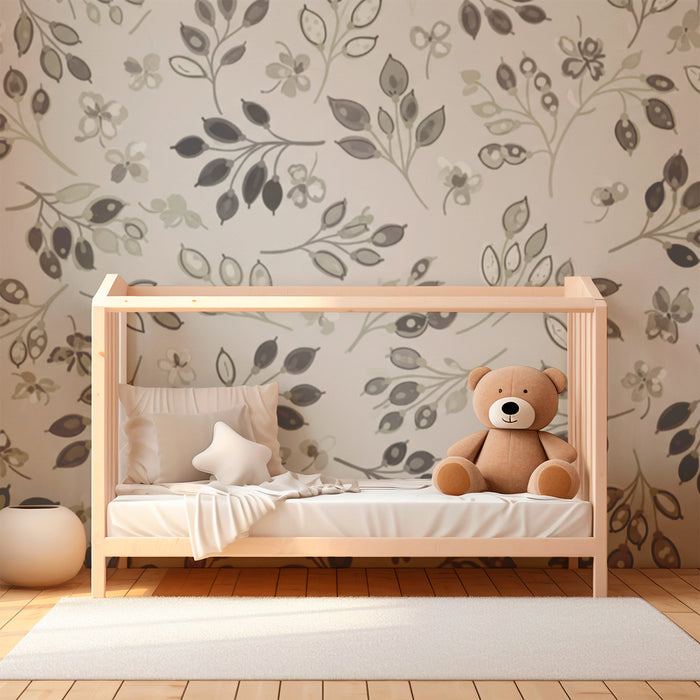 Babyroms tapet | Fine blomstermotiver i grønne og grå nyanser