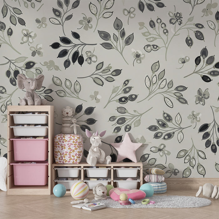 Babyroms tapet | Fine blomstermotiver i grønne og grå nyanser