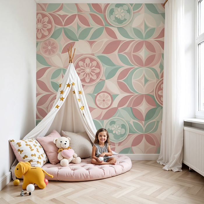 Carta da parati per camerette | Motivi floreali delicati in rosa e verde