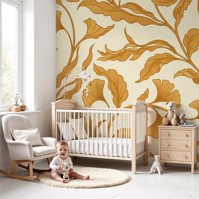 Papier peint chambre bébé | Motifs floraux délicats en tons dorés sur fond crème