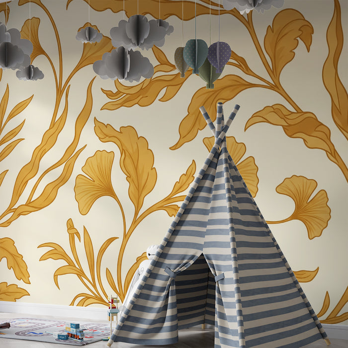Papier peint chambre bébé | Motifs floraux délicats en tons dorés sur fond crème