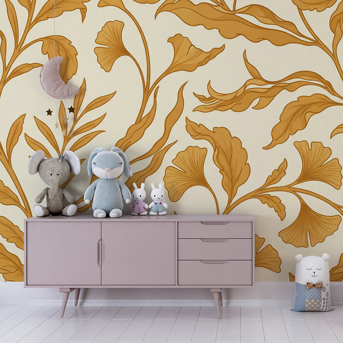 Papier peint chambre bébé | Motifs floraux délicats en tons dorés sur fond crème