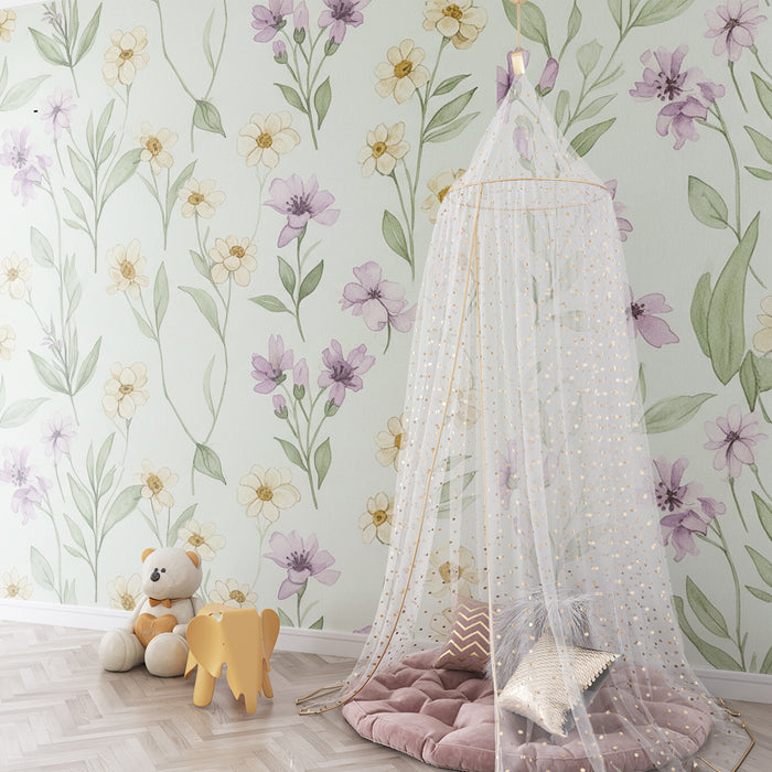 Babyværelses tapet | Bløde pastelfarver med blomstermotiver