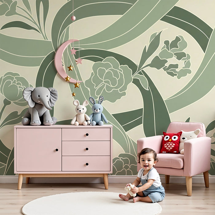 Papel de parede para quarto de bebé | Motivos florais delicados em verde e creme