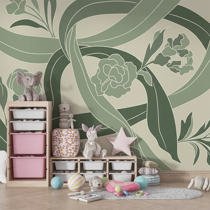 Papel de parede para quarto de bebé | Motivos florais delicados em verde e creme