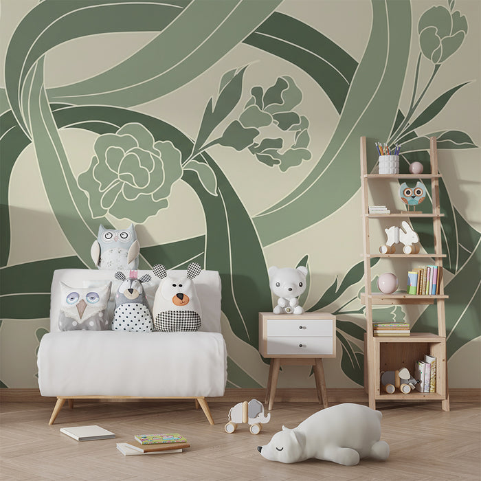 Papel de parede para quarto de bebé | Motivos florais delicados em verde e creme