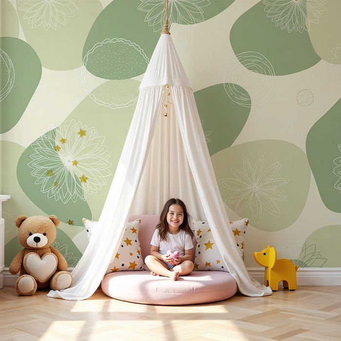 Tapet za bebe sobu | Delikatni cvjetni uzorci i organski oblici u nježnoj zelenoj boji