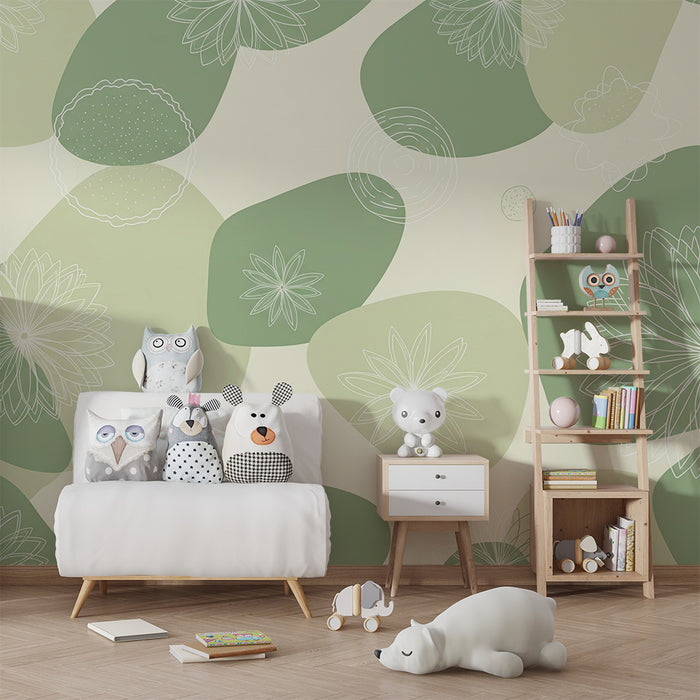 Tapet za bebe sobu | Delikatni cvjetni uzorci i organski oblici u nježnoj zelenoj boji