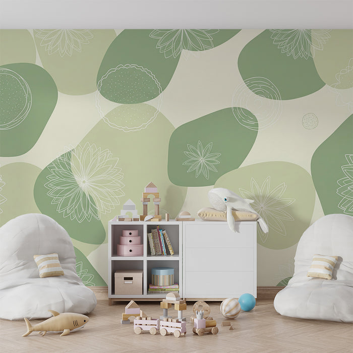 Tapet za bebe sobu | Delikatni cvjetni uzorci i organski oblici u nježnoj zelenoj boji
