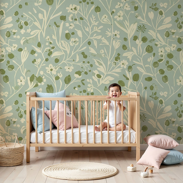 Papel de parede para quarto de bebé | Motivos florais delicados sobre fundo verde suave
