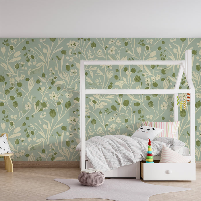 Papel de parede para quarto de bebé | Motivos florais delicados sobre fundo verde suave