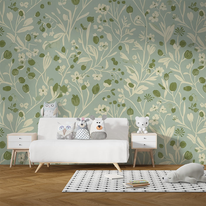Papel de parede para quarto de bebé | Motivos florais delicados sobre fundo azul-pastel