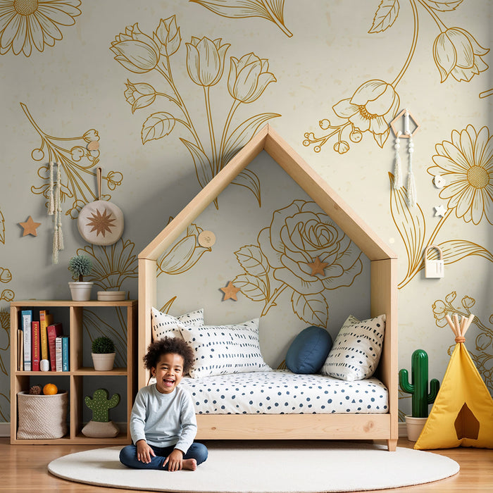 Papier peint chambre bébé | Motifs floraux délicats sur fond crème