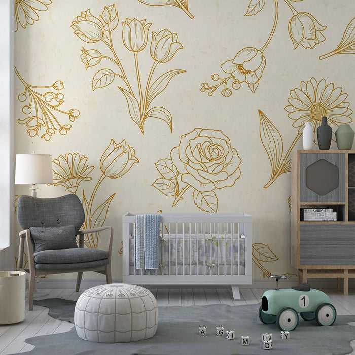 Papier peint chambre bébé | Motifs floraux délicats sur fond crème