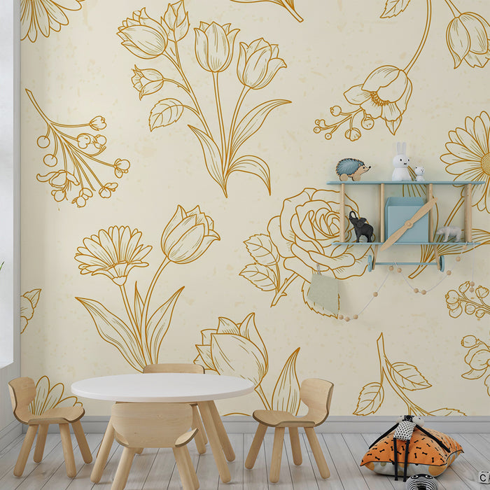 Papier peint chambre bébé | Motifs floraux délicats sur fond crème