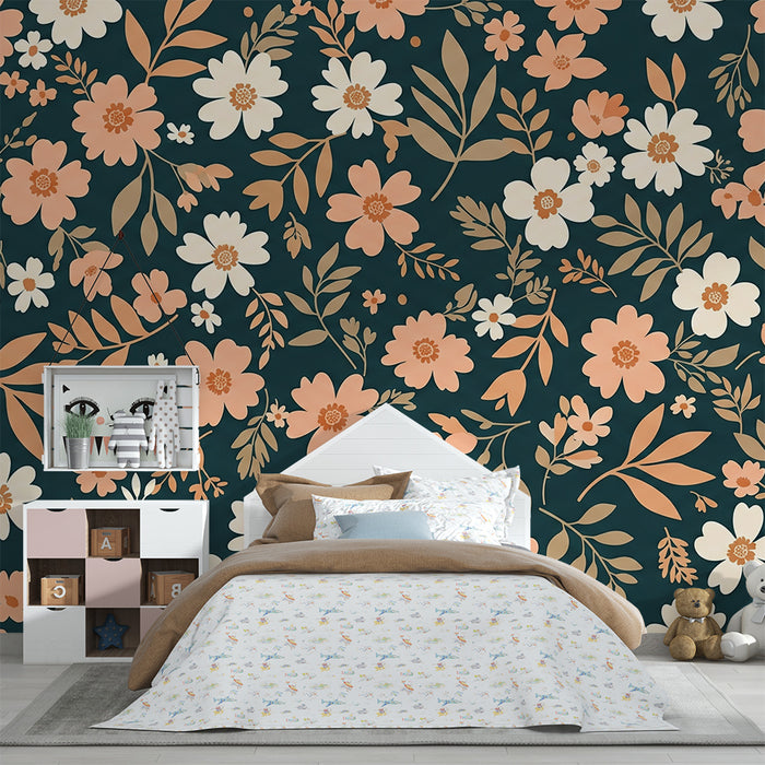 Nursery room wallpaper | Delicate floral patterns on a dark background