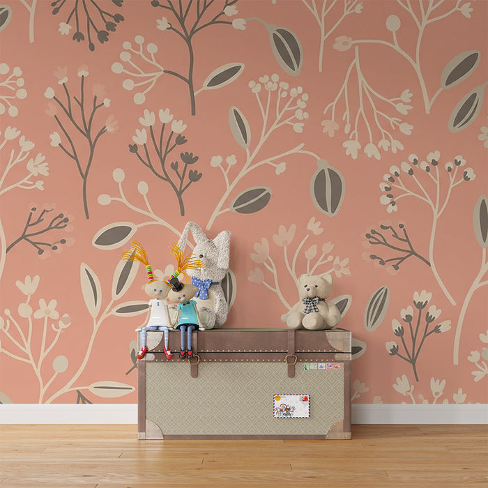 Barnetapet med blomstermotiv | Delikate blomster på terrakottafarge