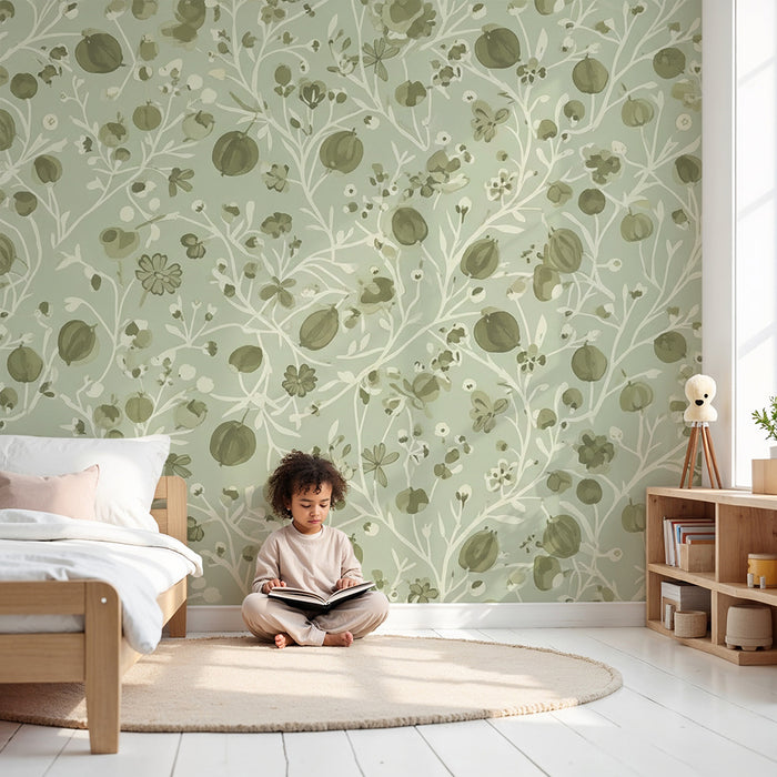 Papel de parede para quarto de bebé | Motivos florais delicados sobre fundo azul-pastel