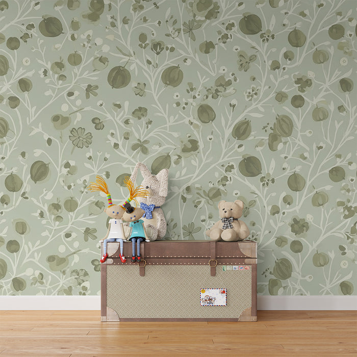 Papel de parede para quarto de bebé | Motivos florais delicados sobre fundo azul-pastel
