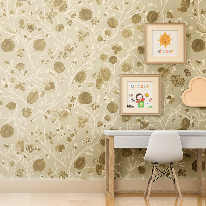 Papel de parede para quarto de bebé | Motivos florais delicados sobre fundo verde suave