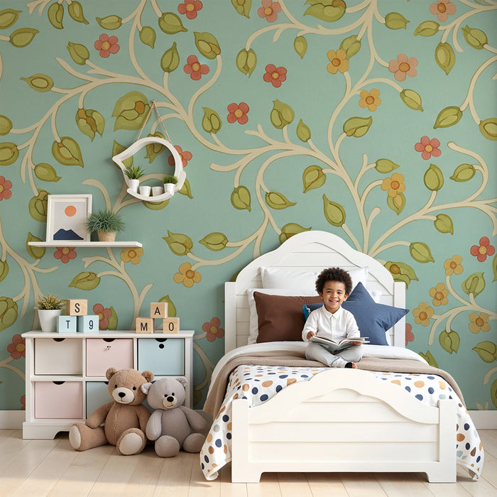 Papel pintado para habitación infantil | Motivos florales delicados sobre fondo azul