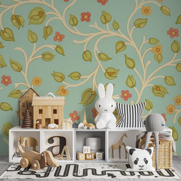 Papel pintado para habitación infantil | Motivos florales delicados sobre fondo azul